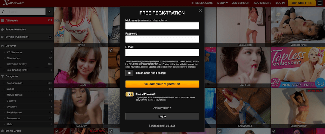 free registration page for accessing private cam shows
